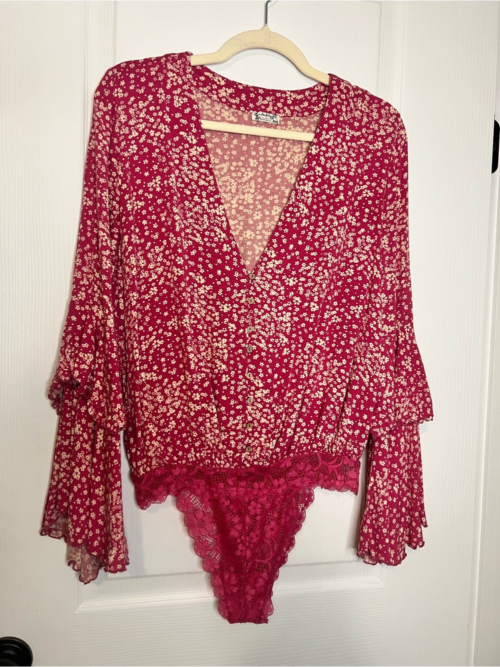 Intimately by Free People Oversized Raspberry Floral Lace-Trim Bodysuit